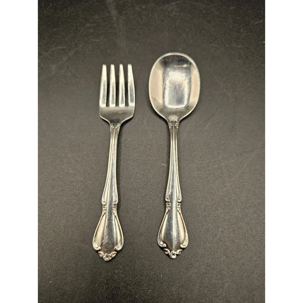 Ginsburg Craft Deluxe Stainless Baby Fork and Spoon Set Silver Tone Ornate Flora